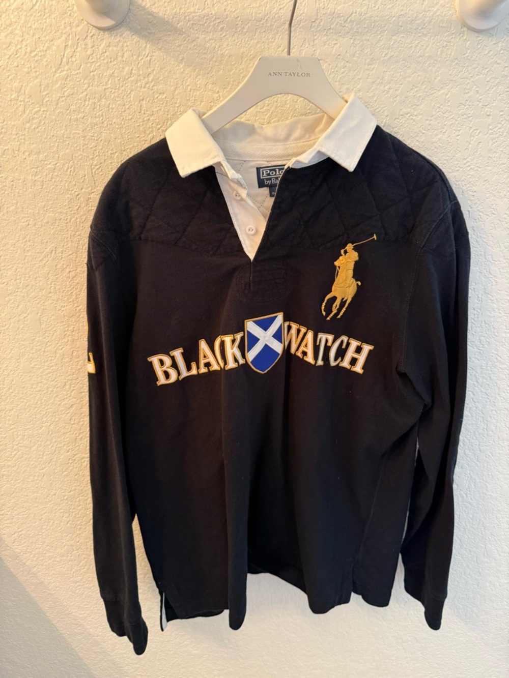 Ralph Lauren Black Watch Long-Sleeve Rugby Shirt in Black with White Collar